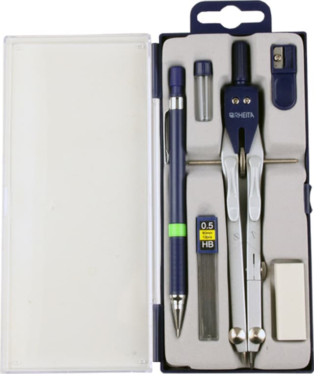RHEITA Schnellverstellzirkelset 6-tlg bestehend aus Zirkel, blau/silber, Ersatzmine, Spitzer, Radierer, Druckbleistift, 12 Minen 0.5 HB blau/silber