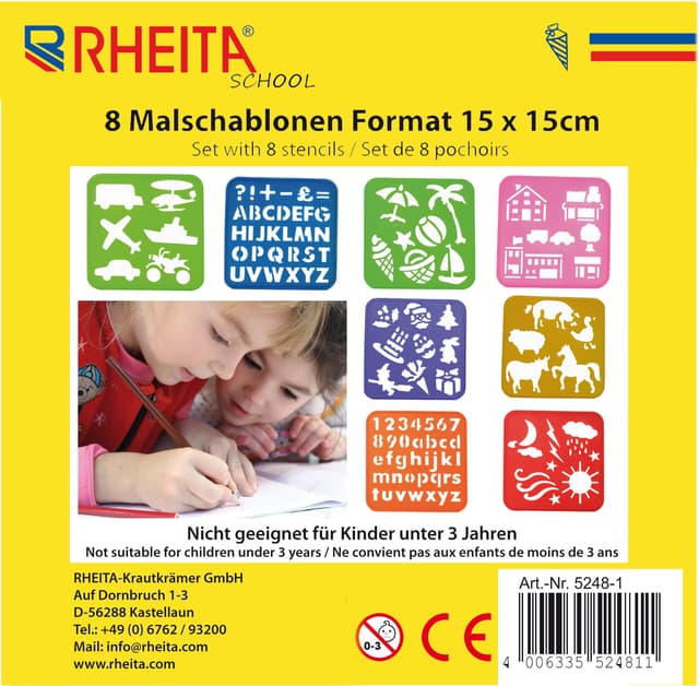 RHEITA Malschablonen-Set, 8 verschiedene Themen und Farben pro Pack, ideal für Kinder zum Lernen farblich sortiert, 15,0 x 15,0 cm