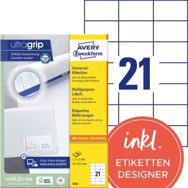 Avery Universaletikett 70x42,3mm ws 2100St