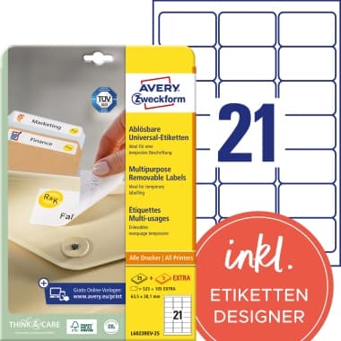 Avery Zweckf. Etikett 63,5x38,1mm ws 630 St.