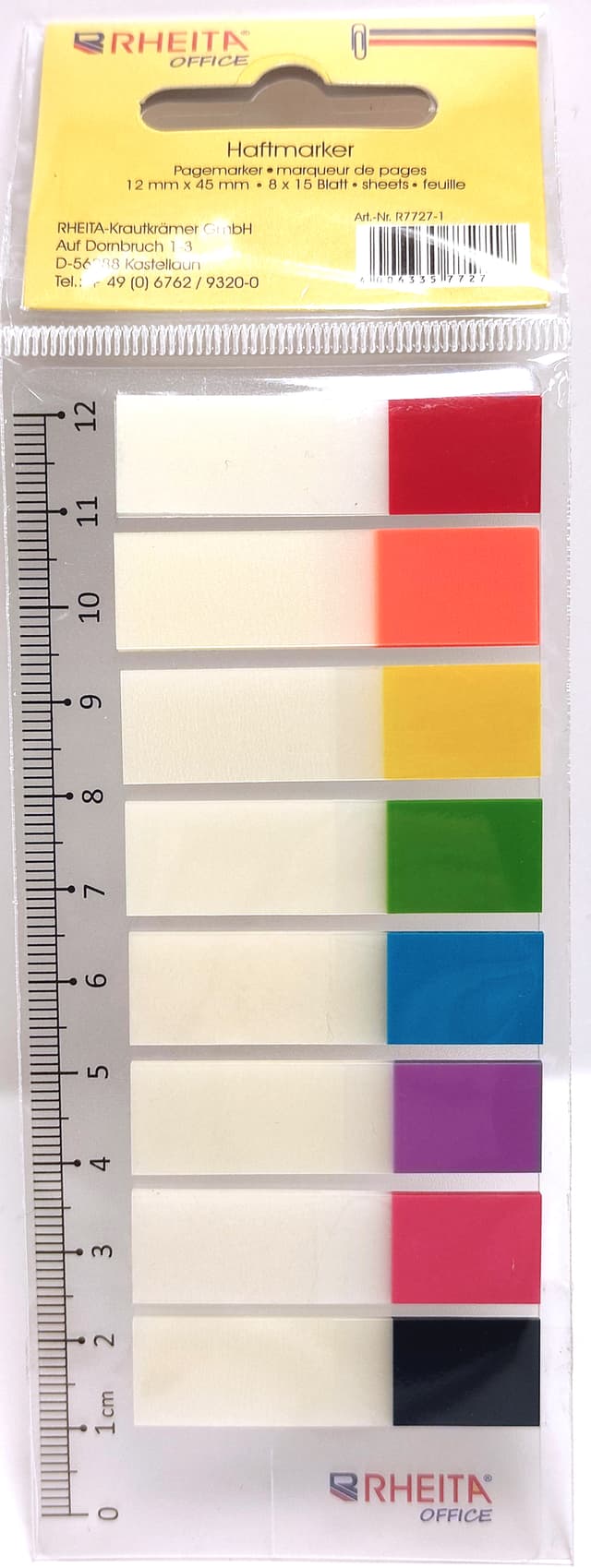 Kunststoff Index-Streifen auf Lineal, 8 verschiedene Farbspitzen, transparentes Beschriftungsfeld, 12 x 45 mm, 8 x 15 Blatt, im Polybeutel mehrfarbig, 12 x 45mm