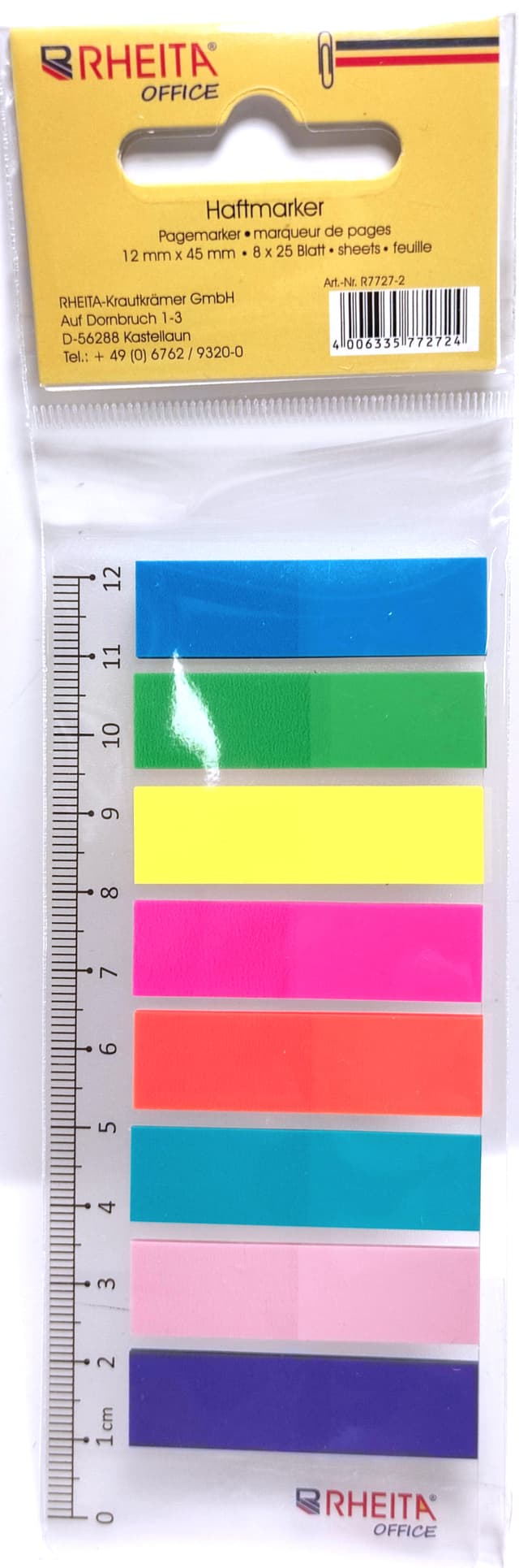 Kunststoff Index-Streifen auf Lineal, 8 verschiedene Farben, 12 x 45 mm, 8 x 25 Blatt, im Polybeutel mehrfarbig, 12 x 45mm