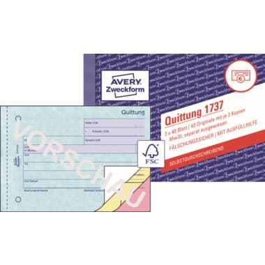 Avery Zweckform Quittung DI A6 mit MwSt SD 3x40Blatt