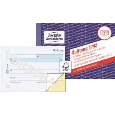 Avery Zweckf. Quittung Kleinunternehmer A6 SD 2x40Bl