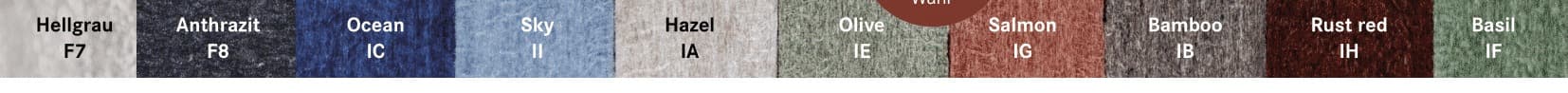 Farbauswahl WINEA FLEX UP Hintertischwand: Hellgrau, Anthrazit, Ocean, Sky, Hazel, Olive, Salmon, Bamboo, Rust red, Basil